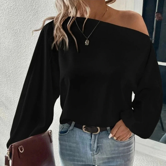 Black Preppy Womens Solid Asymmetrical Neck Lantern Sleeve Blouse - Picture 1 of 5